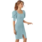 Generic Women's Knitting stretchable Solid Square Neck 3-4 Puff Sleeve Dress (Pista) - Image 4