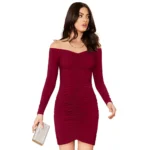 Maroon knitted stretchable V neck full sleeve dress