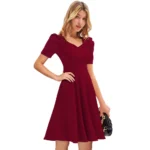 Generic Women's Knitting stretchable Solid V Neck Cap Sleeve Dress (Maroon) - Image 4