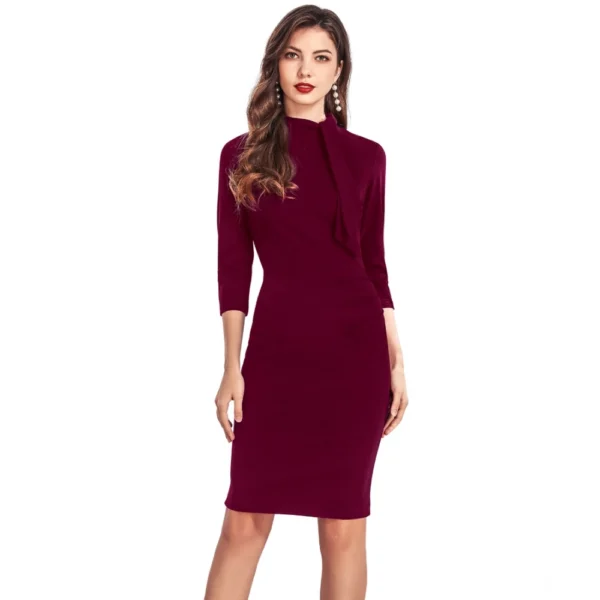 Maroon Knitting Stretchable Round Neck 3-4th Sleeve Dress