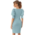 Generic Women's Knitting stretchable Solid Square Neck 3-4 Puff Sleeve Dress (Pista) - Image 5