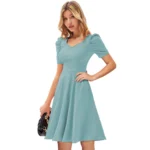 Generic Women's Knitting stretchable Solid V Neck Cap Sleeve Dress (Pista) - Image 2