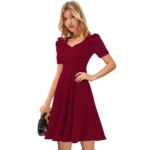 Generic Women's Knitting stretchable Solid V Neck Cap Sleeve Dress (Maroon) - Image 2