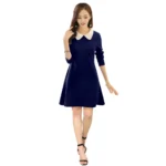 Blue Polyester Collar 3/4th Sleeve Dress