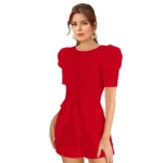 Generic Women's Knitting stretchable Solid Round Neck 3-4 Puff Sleeve Dress (Red ) - Image 2