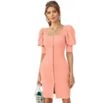 Peach Knitted Puff Sleeve Dress