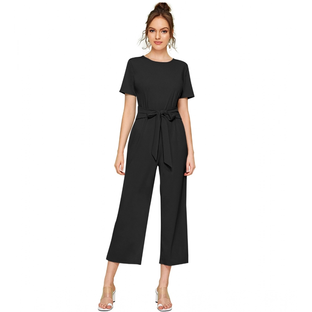 Black knitted stretchable cap sleeve jumpsuit for women