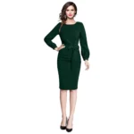 Green Round Neck Full Sleeve Knit Dress for Women