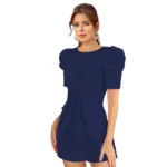 Generic Women's Knitting stretchable Solid Round Neck 3-4 Puff Sleeve Dress (Blue) - Image 2