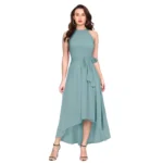 Pista Green Polyester Solid Halter Neck Sleeveless Dress
