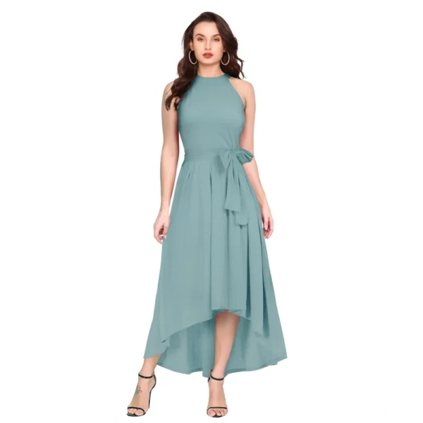 Pista Green Polyester Solid Halter Neck Sleeveless Dress