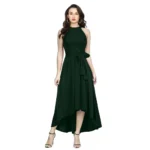 Green Polyester Solid Halter Neck Sleeveless Dress