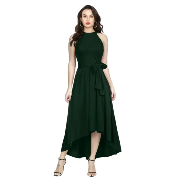 Green Polyester Solid Halter Neck Sleeveless Dress