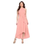 Peach Solid Halter Neck Dress for Women