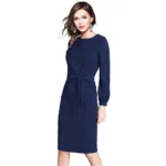 Generic Women's Knitting stretchable Solid Round Neck Full Sleeve Dress (Blue) - Image 5