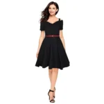 Black Polyester V Neck Cap Sleeve Dress