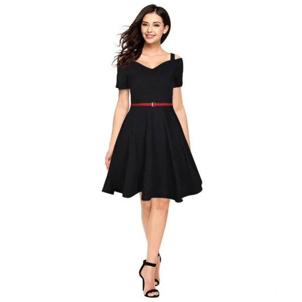 Black Polyester V Neck Cap Sleeve Dress