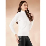 Generic Women's Polyester Solid High Neck Full Sleeve T-Shirt (White) - Image 2