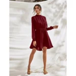 Generic Women's Fox Georgette Solid High Neck Full Sleeve Dress (Maroon) - Image 2