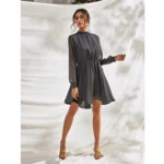 Generic Women's Fox Georgette Solid High Neck Full Sleeve Dress (Grey) - Image 2