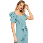 Generic Women's Polyester Solid Sweet Heart Short Sleeve Jumpsuit (Pista) - Image 4