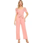 Generic Women's Polyester Solid Sweet Heart Short Sleeve Jumpsuit (Peach)
