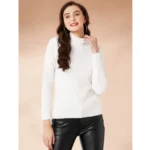 White Women's Polyester High Neck Full Sleeve T-Shirt