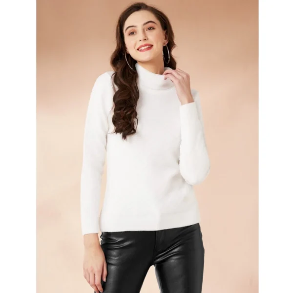 White Women's Polyester High Neck Full Sleeve T-Shirt