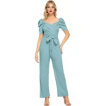 Generic Women's Polyester Solid Sweet Heart Short Sleeve Jumpsuit (Pista)