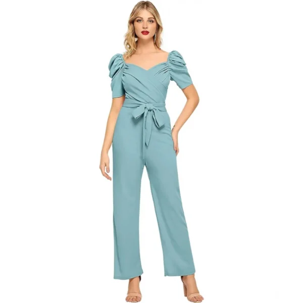 Generic Women's Polyester Solid Sweet Heart Short Sleeve Jumpsuit (Pista)