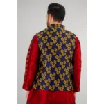 Generic Men's Jacquard Self-Design Sleeveless Mandarin Neck Waistcoat (Blue-Gold) - Image 5