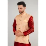 Generic Men's Jacquard Self-Design Sleeveless Mandarin Neck Waistcoat (Beige) - Image 4