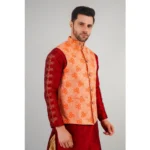 Generic Men's Jacquard Self-Design Sleeveless Mandarin Neck Waistcoat (Orange) - Image 3