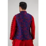 Generic Men's Jacquard Self-Design Sleeveless Mandarin Neck Waistcoat (Blue-Red) - Image 5