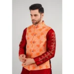 Generic Men's Jacquard Self-Design Sleeveless Mandarin Neck Waistcoat (Orange) - Image 5