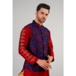 Generic Men's Jacquard Self-Design Sleeveless Mandarin Neck Waistcoat (Blue-Red) - Image 4