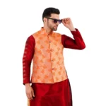 Generic Men's Jacquard Self-Design Sleeveless Mandarin Neck Waistcoat (Orange)