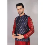 Generic Men's Jacquard Self-Design Sleeveless Mandarin Neck Waistcoat (NavyBlue-Gold) - Image 4