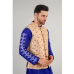 Generic Men's Jacquard Self-Design Sleeveless Mandarin Neck Waistcoat (Beige) - Image 4