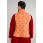 Generic Men's Jacquard Self-Design Sleeveless Mandarin Neck Waistcoat (Orange) - Image 4
