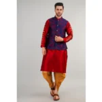 Generic Men's Jacquard Self-Design Sleeveless Mandarin Neck Waistcoat (Blue-Red) - Image 3