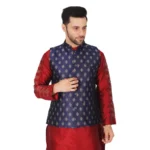 Generic Men's Jacquard Self-Design Sleeveless Mandarin Neck Waistcoat (NavyBlue-Gold)