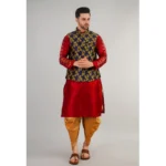 Generic Men's Jacquard Self-Design Sleeveless Mandarin Neck Waistcoat (Blue-Gold) - Image 3