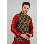 Generic Men's Jacquard Self-Design Sleeveless Mandarin Neck Waistcoat (Blue-Gold) - Image 4