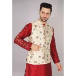 Generic Men's Jacquard Self-Design Sleeveless Mandarin Neck Waistcoat (Cream) - Image 4