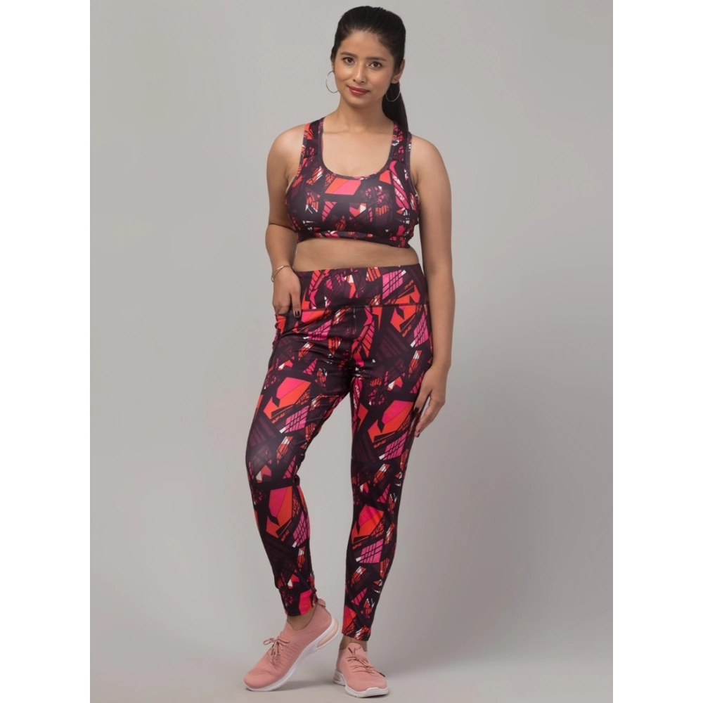 Red Printed Tights Bra Set Women