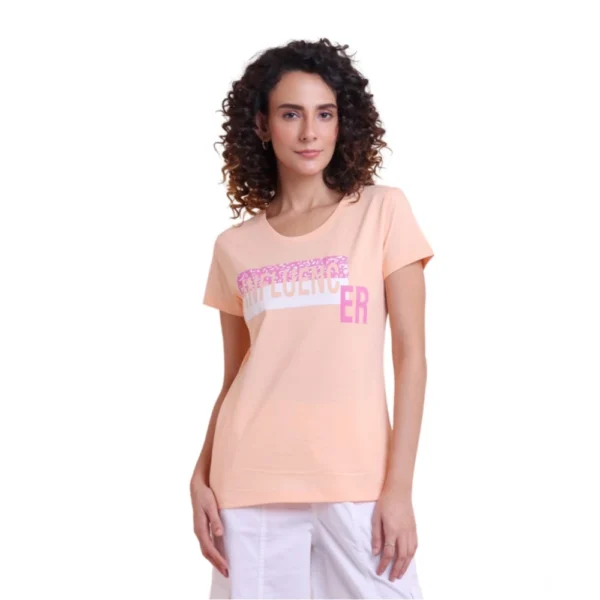 Generic Women's Casual Cotton Printed Half Sleeve Round Neck T-Shirt (Peach)