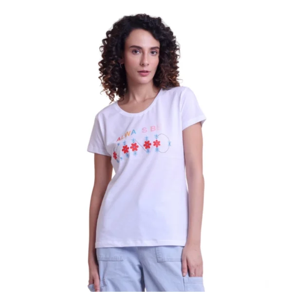 Generic Women's Casual Cotton Printed Half Sleeve Round Neck T-Shirt (White)