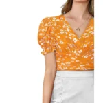 Generic Women's Knitting Printed V-Neck Puff Sleeve Tops (Yellow) - Image 3
