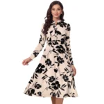 Cream Knitting Printed V-Neck Full Sleeve Dress for Women